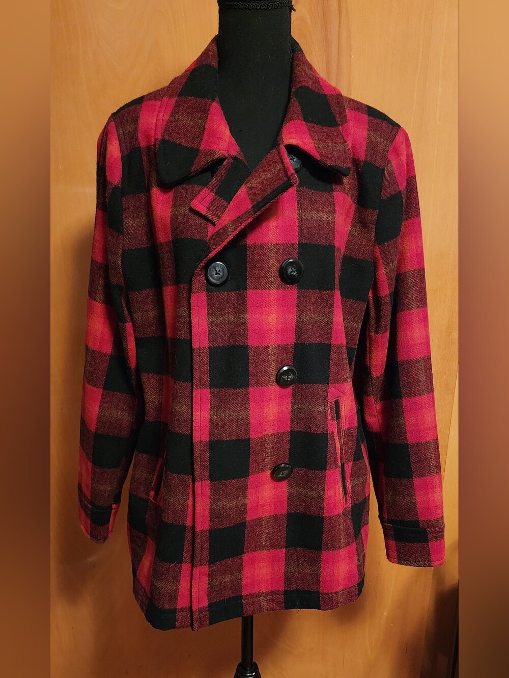 Old Navy Women's Red & Black Plaid Double-Breasted Peacoat